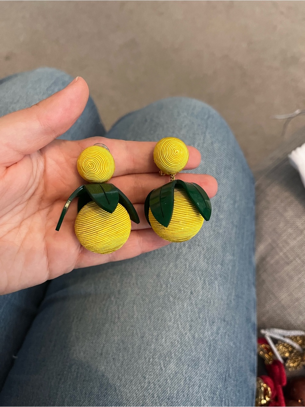 Rebecca de Ravenel Lemon Drop Clip Earrings with Green Leaves -